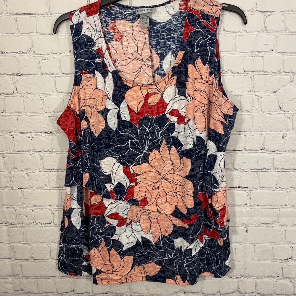 Catherines Womens Shirt 2XWP 22/24WP Floral Print Sleeveless Round Neck Tiered
